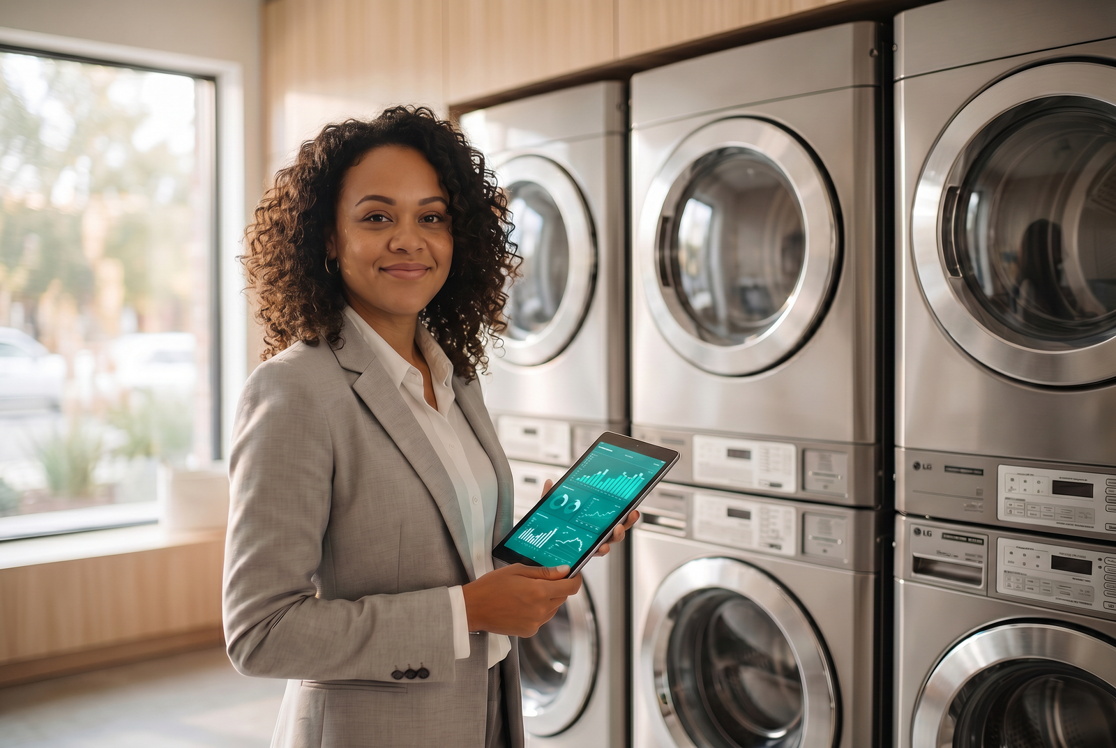 empreendedora analisando dados em um tablet dentro de uma lavanderia