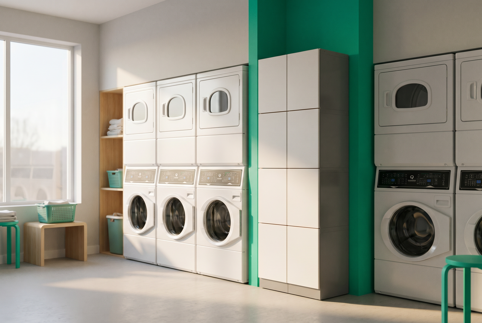stacks de máquinas de lavar e secar em lavanderia automatizada