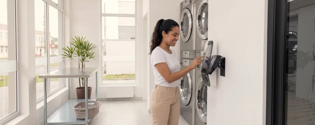 mulher utilizando smart totem linvo em uma lavanderia