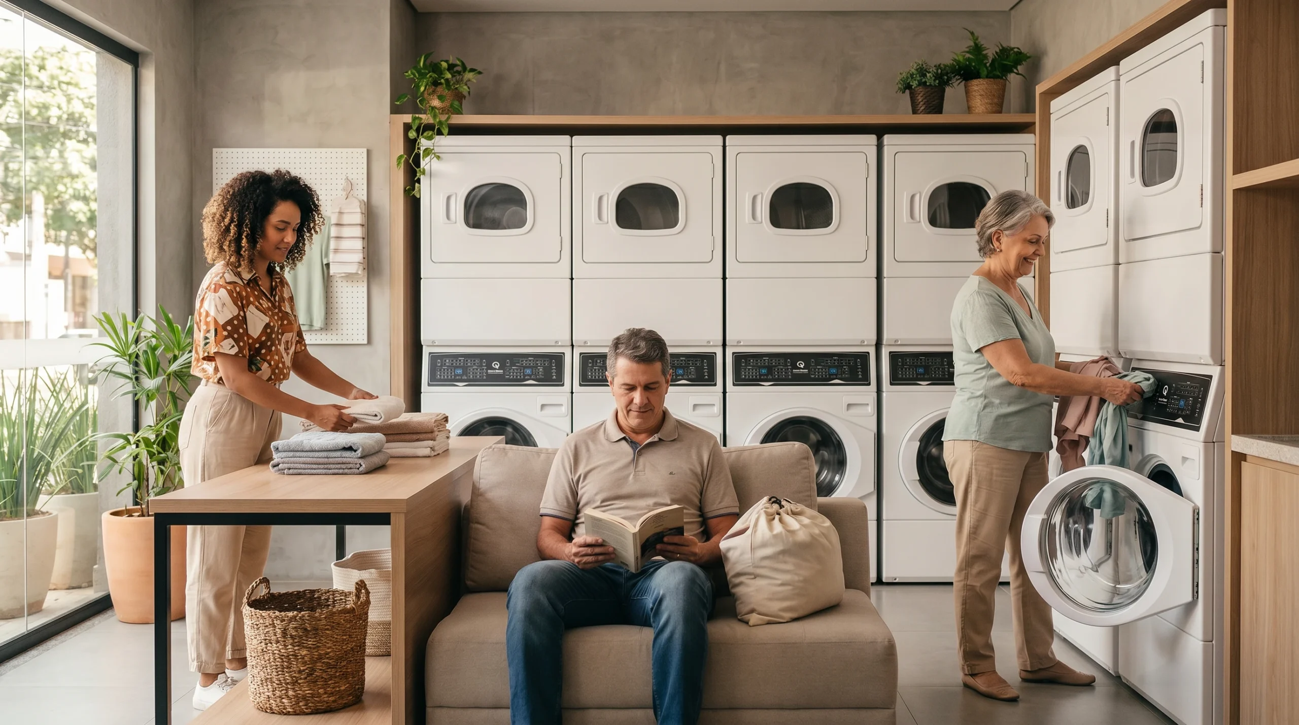 clientes utilizando o ambiente da lavanderia em diversos casos direrentes