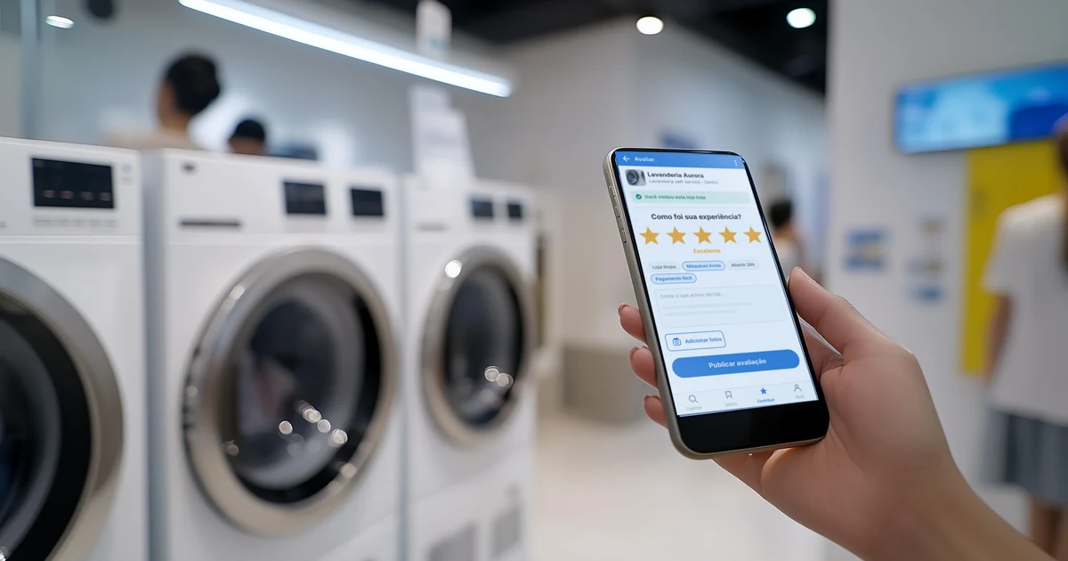 Cliente avaliando uma lavanderia self-service com 5 estrelas no Google Meu Negócio pelo celula