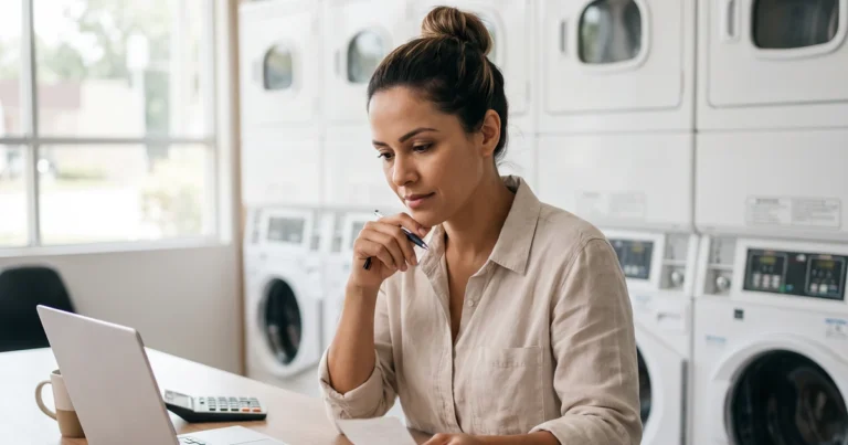 Quanto lucra uma lavanderia self-service: loja de autoatendimento com lavadoras e secadoras em stacks